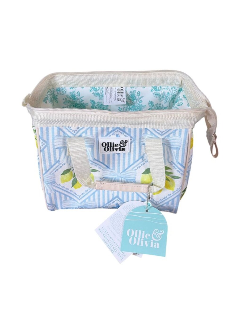 NEW Ollie & Olivia Insulated Lunch Box Tote Blue Striped Lemon Pattern NWT - Picture 2 of 7